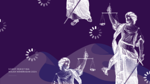 Ilustrasi Lady Justice dalam latar ungu gelap dengan ikon loading, menggambarkan dilema korban KDRT yang menunggu keadilan dalam ketidakpastian