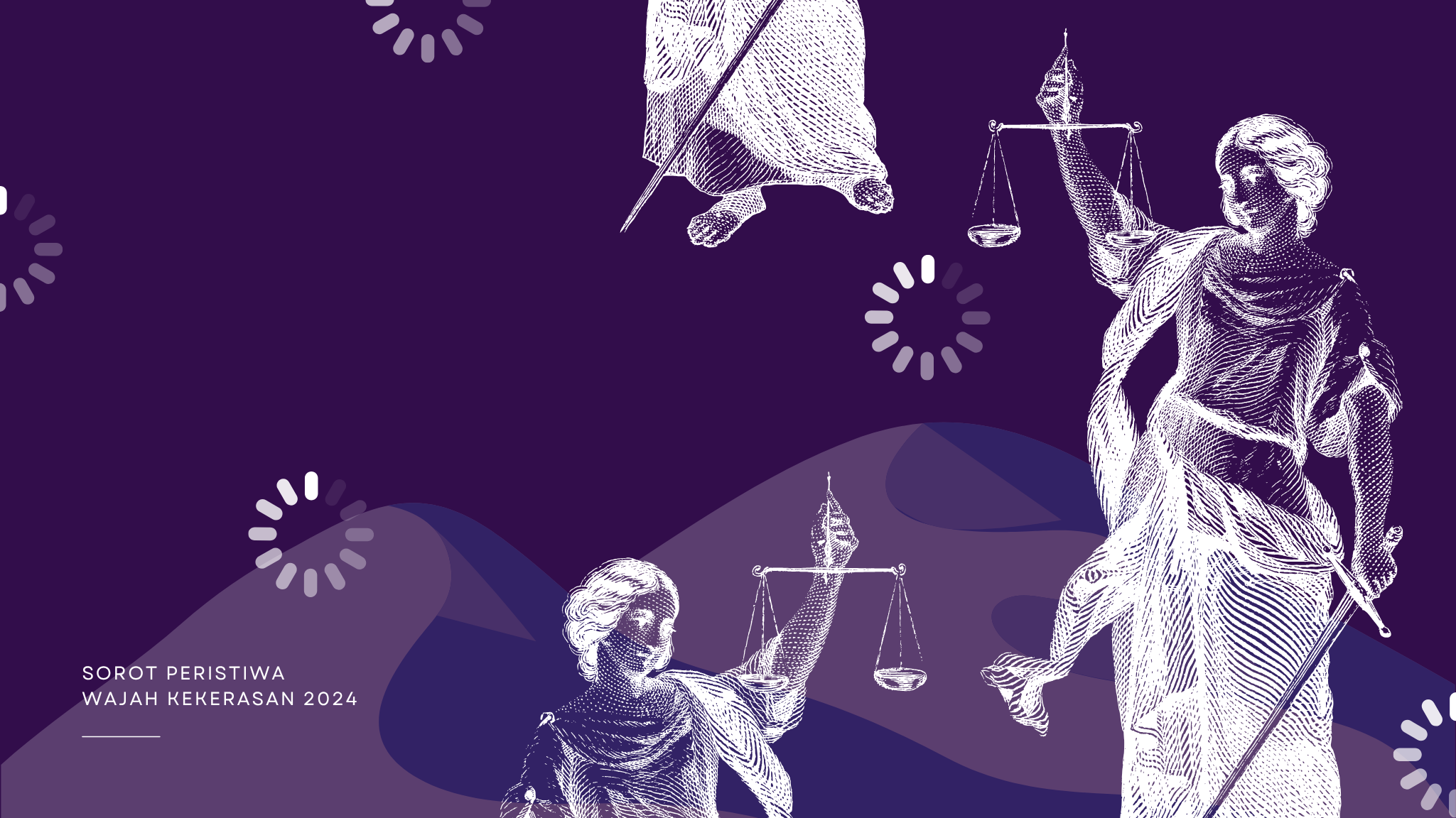 Ilustrasi Lady Justice dalam latar ungu gelap dengan ikon loading, menggambarkan dilema korban KDRT yang menunggu keadilan dalam ketidakpastian